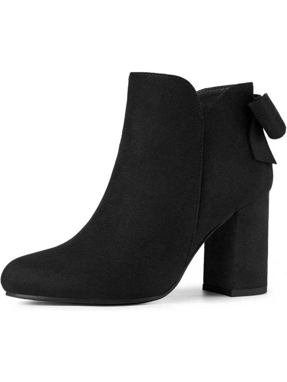 Women's Black Round Toe Bow Decor Chunky Heel Side Zipper Stylish Ankle Boots